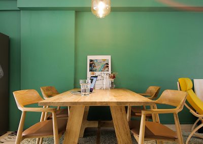 •Retro theme design •Open concept Kitchen •Vintage terrazzo flooring •Long Kitchen cabinet •Impact and stain resistant Kitchen worktop and backsplash •Back splash •Removable sink cover •Track lights creating a warm ambience •Cosy Living space