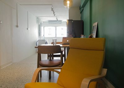 •Retro theme design •Open concept Kitchen •Vintage terrazzo flooring •Long Kitchen cabinet •Impact and stain resistant Kitchen worktop and backsplash •Back splash •Removable sink cover •Track lights creating a warm ambience •Cosy Living space